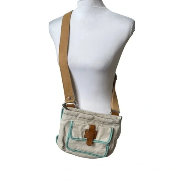 FOSSIL Crossbody Bag in Tan Canvas with Long Leather Straps - Picture 2 of 10